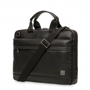 Knomo Foster Leather Laptop Briefcase Black 14 inch Voorkant met schouderband