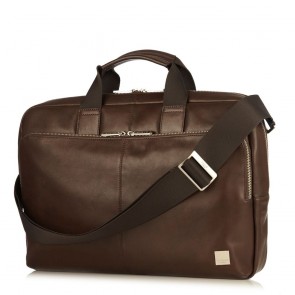 Laptoptas Knomo Newbury Leather Briefcase Brown 15 inch Voorkant met schouderband