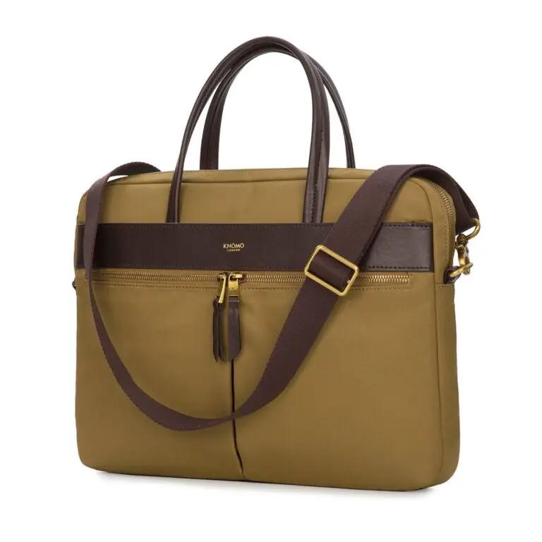 Knomo Hanover Slim Briefcase Khaki 14 inch Voorkant met schouderriem
